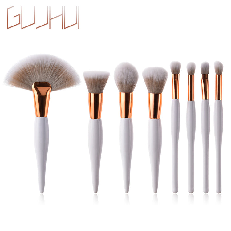 8-Piece Makeup Brush Set with Black Handle and Silver Tubes
