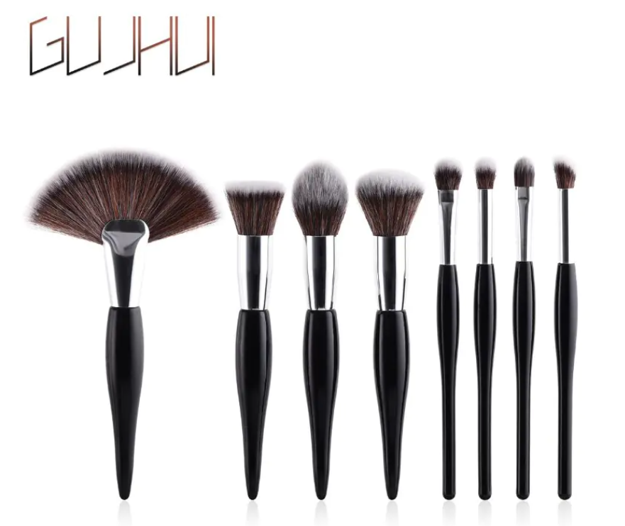 8-Piece Makeup Brush Set with Black Handle and Silver Tubes
