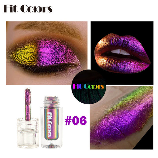 Multi chrome eyeshadow pigments in vivid purple and gold on eye and lip looks, featuring Fit Colors 
