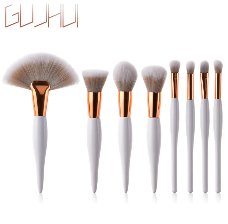 8-Piece Makeup Brush Set with Black Handle and Silver Tubes