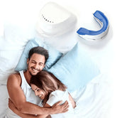 Adjustable Anti-Snoring Device next to a couple sleeping peacefully on a bed, promoting restful sleep.